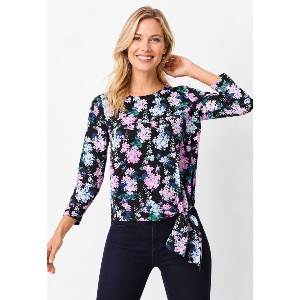 Talbots Women Purple Floral Tropical Side Tie Blouse Shirt Top Small Business